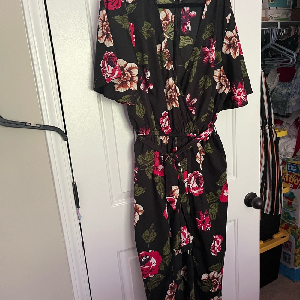 Blush Black, Red and Green shorts romper with long skirt with Bold Floral Design